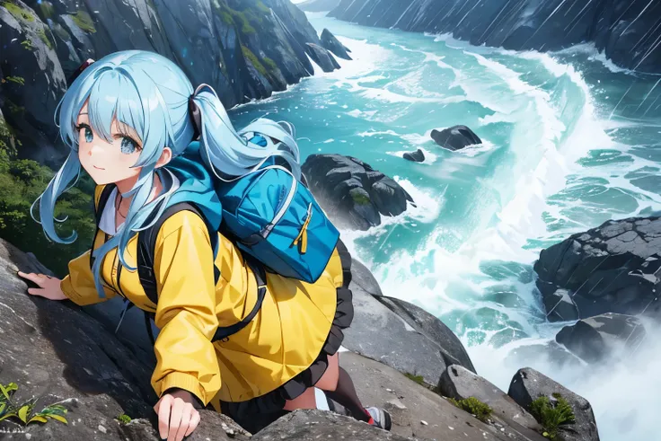 A beautiful 25-year-old woman desperately climbs the rock face of a steep mountain in heavy wind and rain., rain splash art、light blue long hair、twin tails、yellow climber costume、rucksack、camera from above. anime style, very detailed.