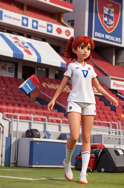 Crie um personagem de alta qualidade, Woman playing English football, in a small stadium