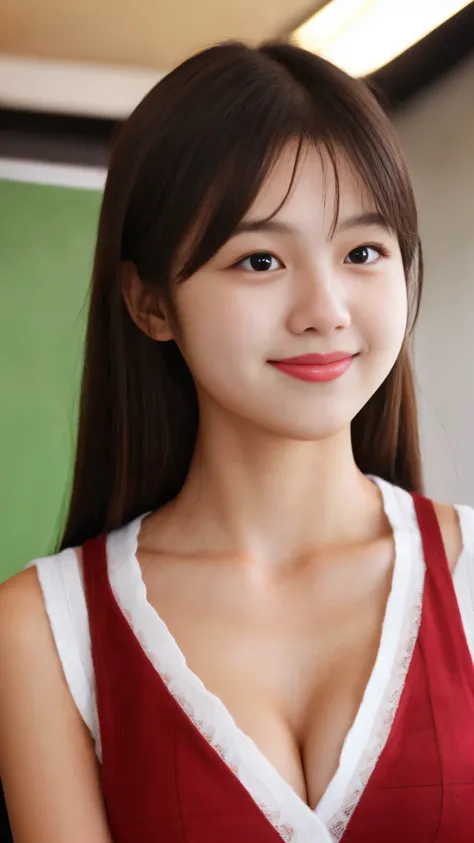 13 year old Bang Eun Jung, dress, small cleavage, school, classroom, ultra-detailed, realistic colors, beautiful detailed eyes, beautiful detailed lips, long eyelashes, expressive face, adorable smile, adorable appearance, 4k resolution, studio lighting, (...