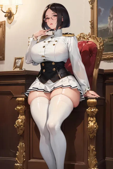 Elaborate CG artwork, (best quality, exquisite detailing, absolute masterpiece), (Full body image from below), (Plus size model with an imposing presence), (White tight military uniform and white pleated mini skirt, accentuating her curves), (White high-he...