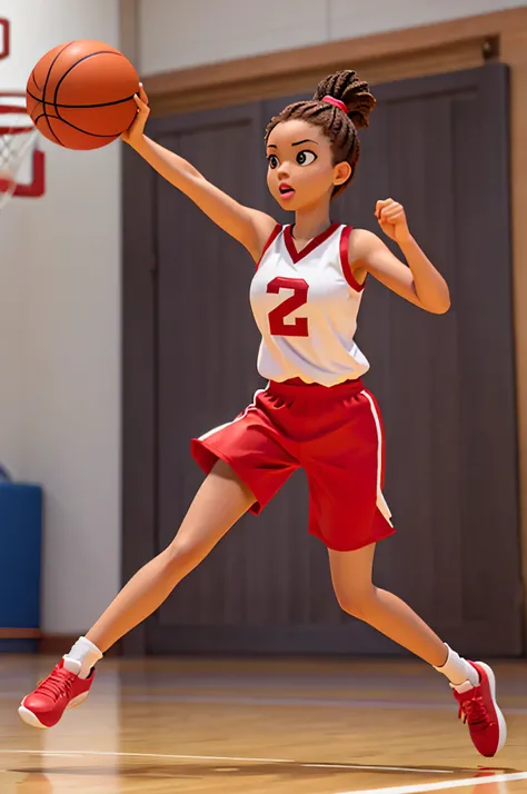 Crie um personagem de alta qualidade, Mulher jogando basquete, em uma quadra