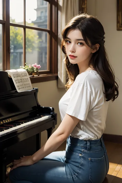 a beautiful woman playing the piano. twenties. dark brown hair. the season is summer. wearing a t-shirt and blue jeans. there is...