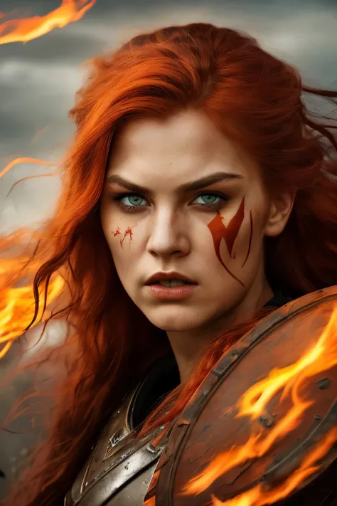 Portrait of a formidable female Viking warrior, her fierce gaze exuding intensity with her mesmerizing black eyes. A cascade of fiery red hair billows in the wind around her, ablaze with the colors of battle. Streaks of intricately applied war paint adorn ...