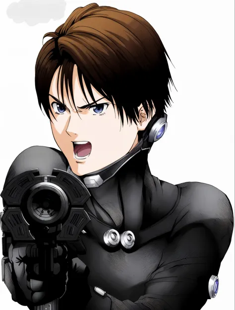 personagem de anime with gun in hand and a cloud in the background, gordo, matar por culpa!, Yayoi Kasuma, Shin Megami, anime cyborg, ando tadao, Kusanagi, fujita goro!, mulher ciborgue de anime perfeita, protagonista feminina 👀 :8, evangelical illustratio...