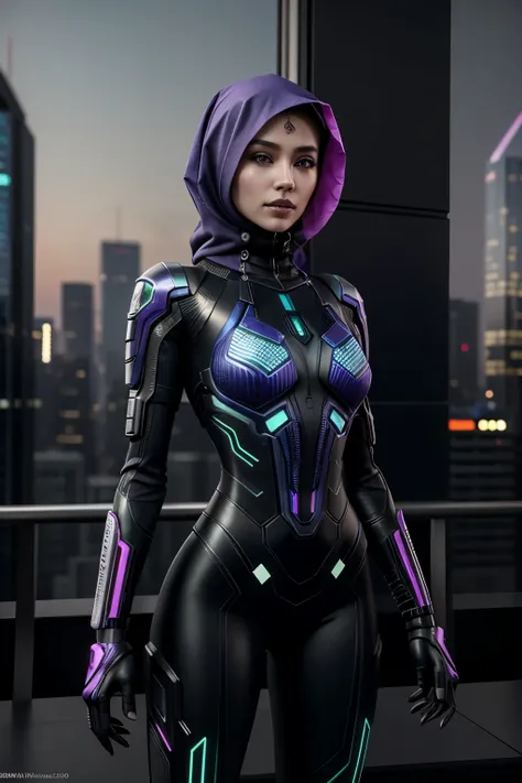 (Photorealistic:1.4) Image of an alluring cyber punk girl in a vibrant hijab, (top-quality:1.0, 8K, 32K, masterpiece), (dynamic pose:1.1), (facing camera:1.0), (looking at camera:1.0), cowboy shot style, radiant eyes flashing with defiance and determinatio...