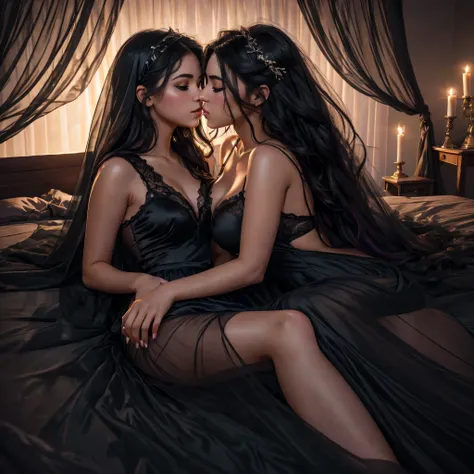 two girl kissing, see her ass,(bright lighting,romantic setting),dreamy background,,dark hair, mesmerizing gaze, , soft skin, al...