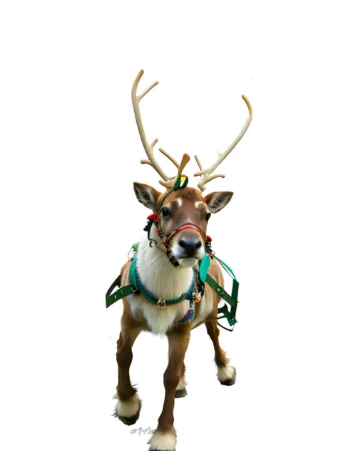 reindeer with harness and leash standing with no background.