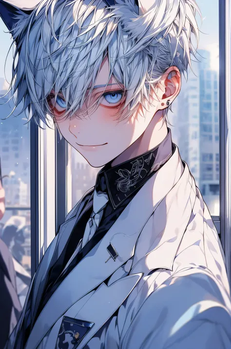 1kpop boy with tatoos, thin body, blue eyes, white cat ears, messy white, cute smile, white fade cut hair, business suit, jacket, white shirt, necktie, pants, best quality, hires, detailed face, office, buildings from window, detailed background, diffused ...