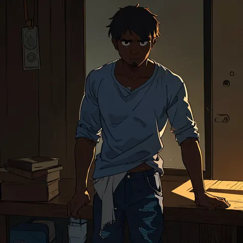 Um homem negro em 2D no seculo XIX, wearing rags like aged and torn pants and shirt, with an expression of deep sadness. A cena se passa no interior de uma sala mal iluminada, with dramatic lighting and subtle shadows. The colors are vivid, mas predominant...