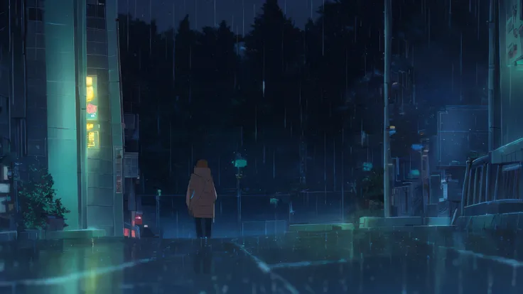 A café on a street corner at night with neon lights in the rain in lofi style