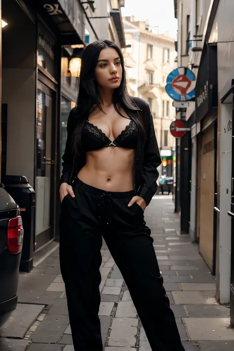 Italian Girl,sexy,long black hair, open shirt, pants, abs, bra, London