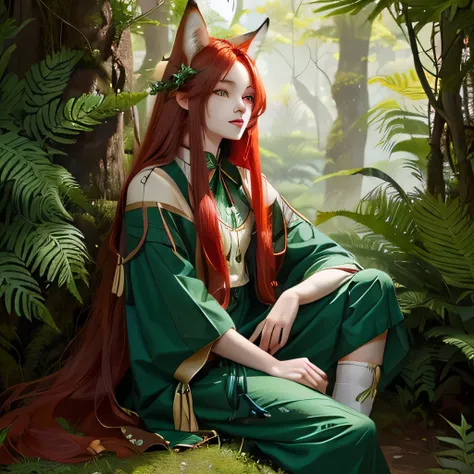 (1 man), long red hair, Green eyes, Fox ears, sitting in the fern against the background of the forest.