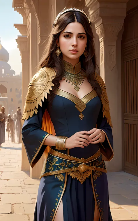 modelshoot style, (extremely detailed CG unity 8k wallpaper), full shot body photo of the most beautiful artwork in the world, (Persia princess) with armor, Persia clothes, arab cultur, magic, an arabic village with persian details in the background, hdr, ...