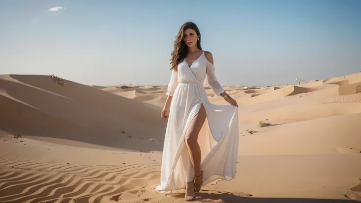 a beautiful woman, brunette, famous model, full body and face, with long dress, in dubai, cinematic, hyperrealistic, 8k