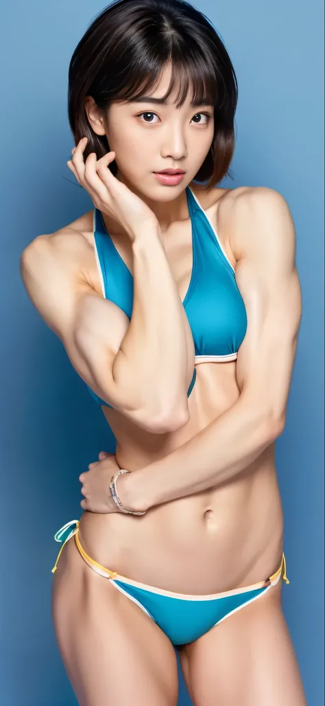 (highest quality, 8k, High resolution, realistic:1.8), (Asian, one girl)、photography studio background、(beautiful eyes、heavy makeup)、(woman looks at the viewer)、(muscular woman:2.0),(bodybuilder girl:1.5)、((big ass))、(short bob hair:1.5),(oily skin:1.5),(b...