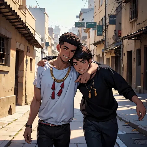 o tipico del antiguo egipto, Caminando, sonriendo  por las calles de una moderna ciudad un amigo cernaco se acerca por atras y lo abraza