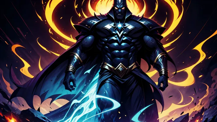 Imposing villain: A powerful male villain with a unique and frightening design, emanando uma aura de maldade