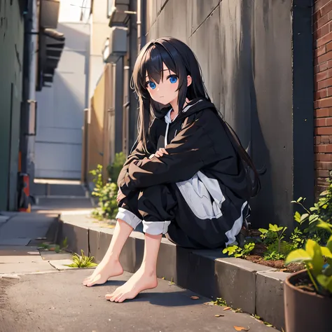 masterpiece, super detailed, high resolution, anime girl sitting in a dark alley, baggy pants, long pants, moe sleeves, oversize...