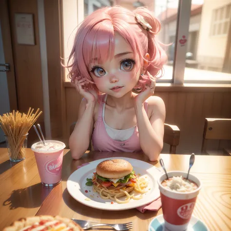 ((Chibi 3D))) Cute and beautiful chibi anime/Bob style hair mixed with pink, white and blue, wearing a colorful pink tank top, 1girl, artist name, bangs, tankard, blue eyes, POP background , Cute Background, Colorful Background, Bowl, Burger, Cake, Cheese,...