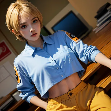 1girl wearing beige very transparent shirt wattson \(apex legends\), wattson, (best quality, masterpiece, dynamic angle, highest...