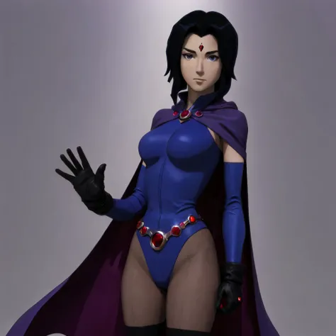 masterpiece,cartoon style,A woman with black hair wearing a suit with black, purple, and blue colors, along with a red jewel on her chest, stands with her hands on her hips. She is dressed in a superhero costume that includes a long-sleeved top, black glov...