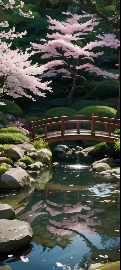 (best quality,4k,8k,highres,masterpiece:1.2),ultra-detailed,(realistic,photorealistic,photo-realistic:1.37),A peaceful Zen garden with blooming cherry blossom trees, a small bridge, and koi fish swimming in a pond. [Zen garden], [traditional Japanese style...