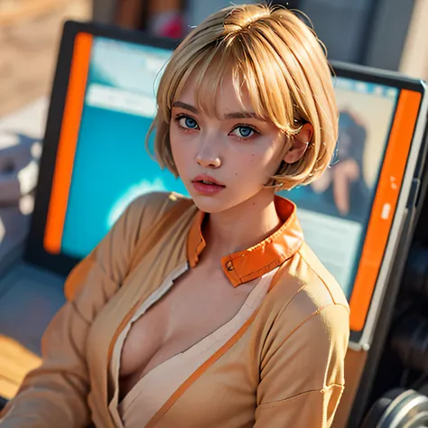 1girl wearing beige transparent shirt wattson (apex legends), wattson, (best quality, masterpiece, dynamic angle, highest detailed),upper_body, tight, blonde hair,short hair,blue eyes,detailed eyes,expressive detailed eyes,wide eyed,detailed pupils,orange ...