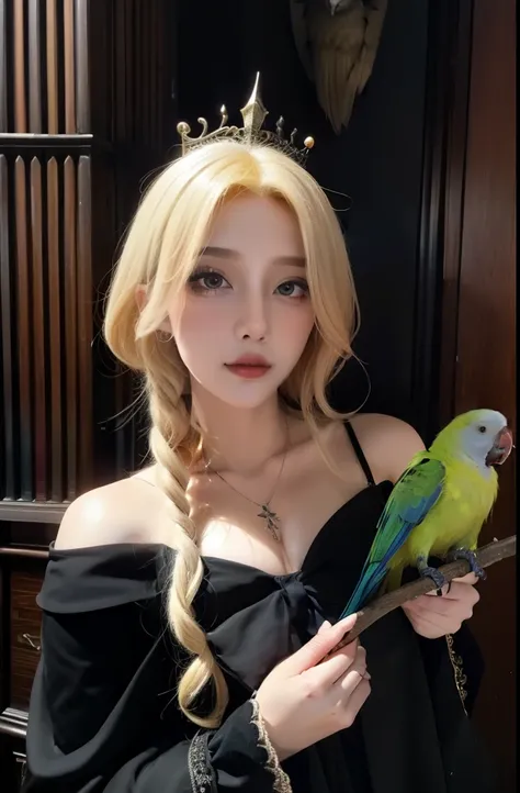 gothic magic style，hogwarts style，blonde hair, side face girl,there is a parrot on the shoulder,a fantasy black wand,black magic...