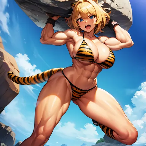 Girl muscle powerful bikini tiger blonde grabs a Giant rock