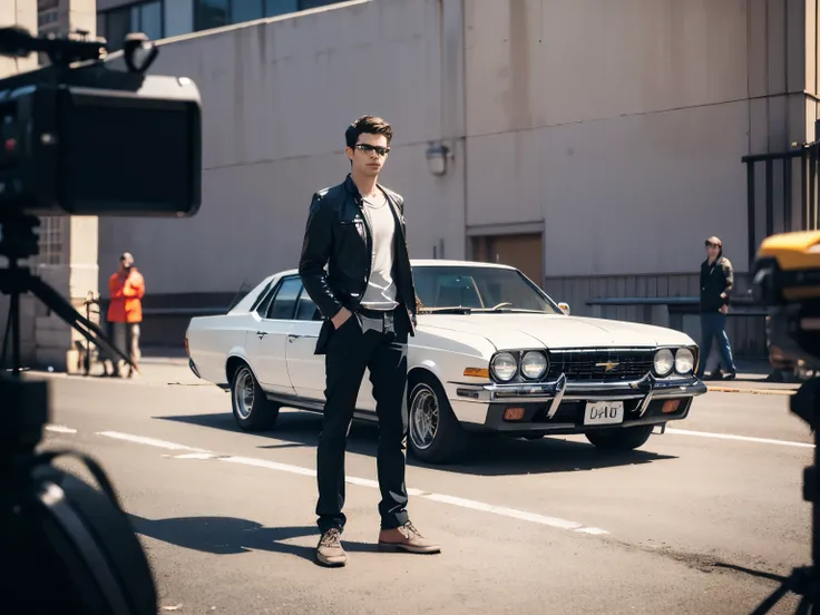 (best quality, masterpiece, highres:1.3), detailed, a few film crew members standing in front of a Chevrolet Impala, filming for Supernatural, actors standing by, tilt-shift photo, unsplash, UK stop motion, cinematography photos, filming location