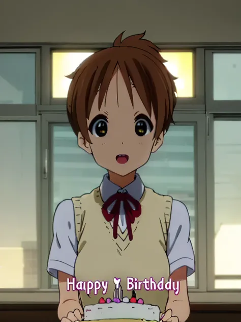 1girl, (((​masterpiece))), top-quality, top-quality, High Details,(((picture perfect))), 1girl, solo, ui hirasawa, school uniform, sweater vest, short sleeves, looking at viewer, school, classroom, smile, short hair, hair tied, A brown-haired, brown-eyed, ...