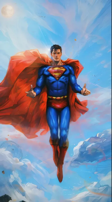 Samdoesart, Super homen flying through the air with his cape open, Super homen emerging from the sun, Super homen pose, Super homen, francamente, sem texto, Super homen is high, Super homen costume, super high resolution, super simetria, krypton, sobre as ...