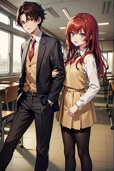 Masterpiece. high quality. super detailed
(man) red hair.vest.pants
( girl)long black hair .sweater.tie.skirt.small breasts
two male and female couples
classroom