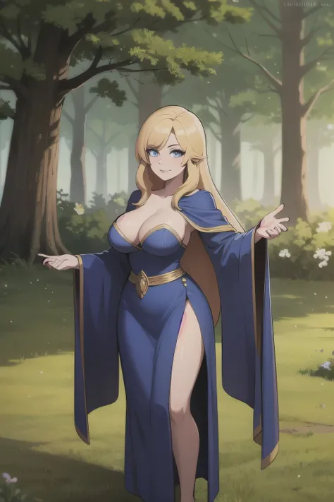 ((Best quality)), ((Masterpiece)), (detailed), perfect face perfect figure, Middle Ages, forest background, Sorceress Woman, woman in a robe, Golden hair, Blue eyes, tight blue robe