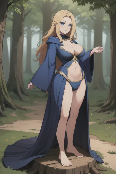 ((Best quality)), ((Masterpiece)), (detailed), perfect face perfect figure, Middle Ages, forest background, Sorceress Woman, woman in a robe, Golden hair, Blue eyes, tight blue robe