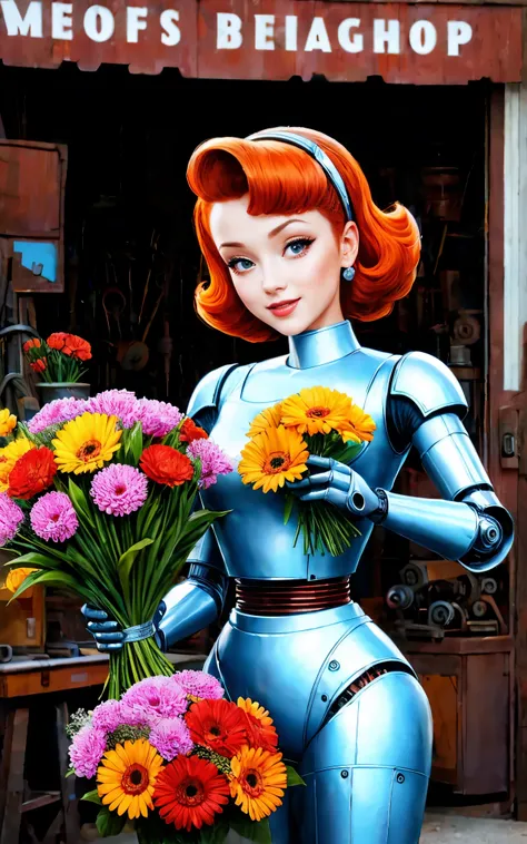 Masterpiece. Ultra-detailed. Red-haired beauty, female cyborg with a bouquet of flowers. Smiling