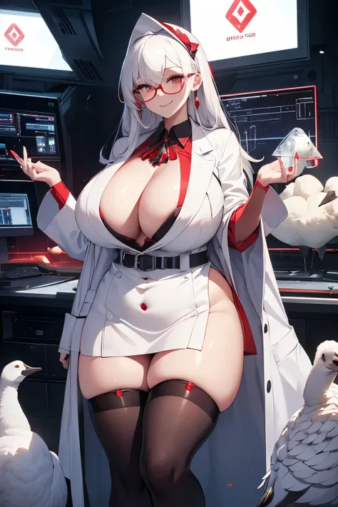 masterpiece , best quality , 1 sexy girl , (1 goose:1.2) , lab coat, doctors white robe , (covered nipples:0.9) , (gigantic tits:1.2) , (thick arm:1.1) , thick thigh , gigantic hip , (white hair:1.1) , (plump:1.1) , surrounded by sci-fi machinery and monit...