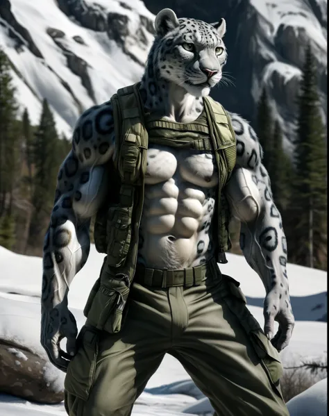 anthro, snow leopard, solo, male, adult, veiny muscles, muscular, military pants, realistic scales, detailed background, wilderness background, realistic, photorealistic, ultra realistic, 8k, bare-chested 