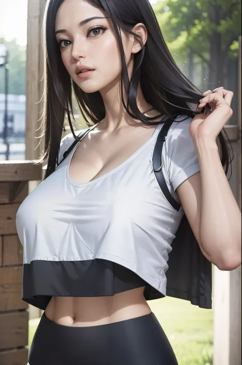 (Masterpiece, best quality, photorealistic, high res, photography, :1.3), sharp focus, girl, hot model),long black hair realistic skin, (slim body shape, huge breasts, perfect body, beautiful midriff, thin waist, large cleavage), short hairstyle, extremely...