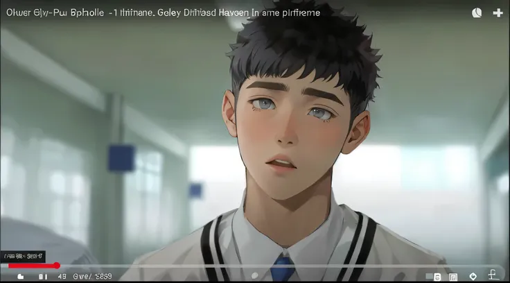 17-year-old boy, short silver hair, gray eyes, blue school uniform, somewhat surprised and distrustful.