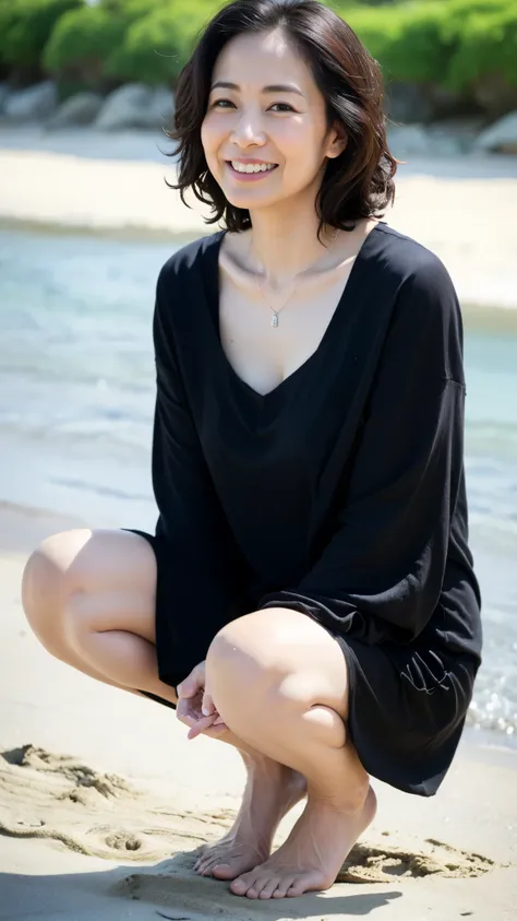 ((highest quality、8k、masterpiece:1.3))、sharp focus, High level image quality, High resolution, portrait, alone, Japanese, middle-aged women, beautiful woman, 48 years old, wavy hair, big t-shirt, beach, dark makeup, wrinkles around the eyes, bewitching loo...