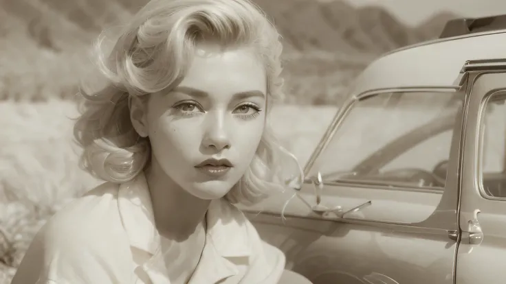 ((best quality)), ((masterpiece)), (detailed), perfect face stunning pin up girl from the 50s, blonde, white unbuttoned up shirt, denim shorts, tits, desert canyon road, vintage cars in the distance