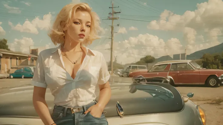 ((best quality)), ((masterpiece)), (detailed), perfect face stunning pin up girl from the 50s, blonde, white unbuttoned up shirt, denim shorts, tits, no bra, suburban road, vintage cars in the distance