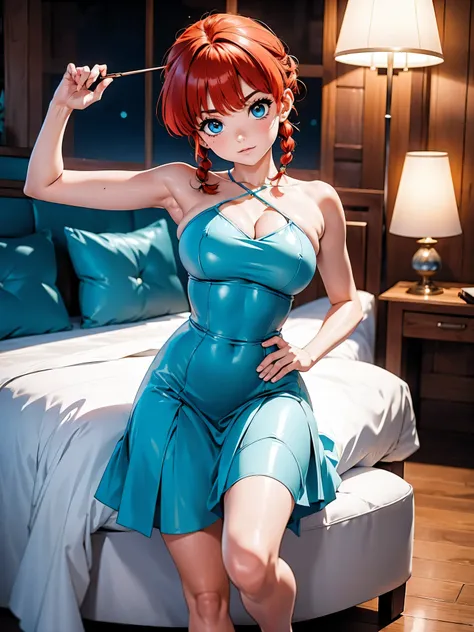 Garota anime ruiva com vestido longo branco de casamento e orelhas de coelho, saia, 16 anos, corpo bonito, seios grandes, with hands behind head, running your hands through your hair, Garota sexy, red short hair with braid, mechas de cabelo laterais, mecha...