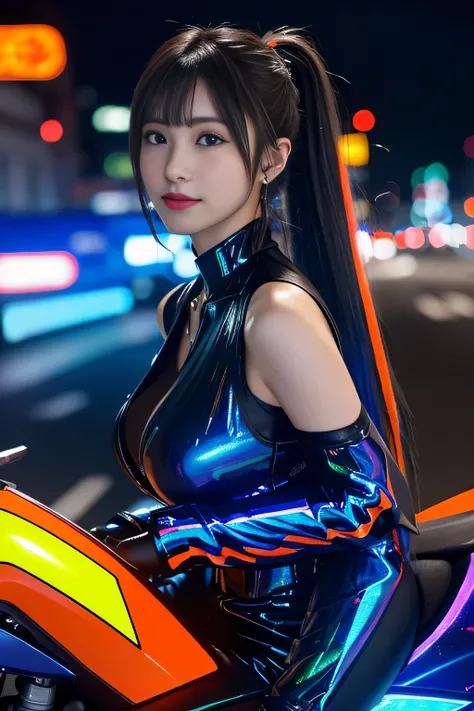 cyber city at night,(Gorgeous night view illumination:1.3),(((A woman riding a colorful custom-painted motorcycle through the city))),.(Sexy super shiny orange transparent holographic mechanical cyberpunk suit:1.3) ,necklace,earrings, smile.sexy pose, (sil...