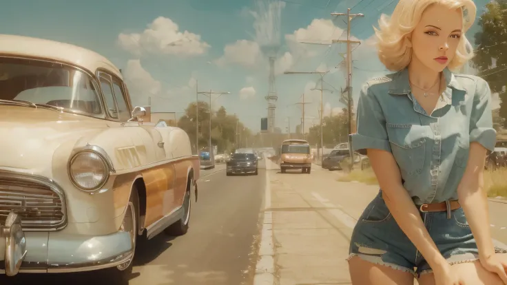 Beautiful 50s, pinup girl, blonde, white knotted shirt, denim shorts,  flashing, suburban road, vintage cars in the distance