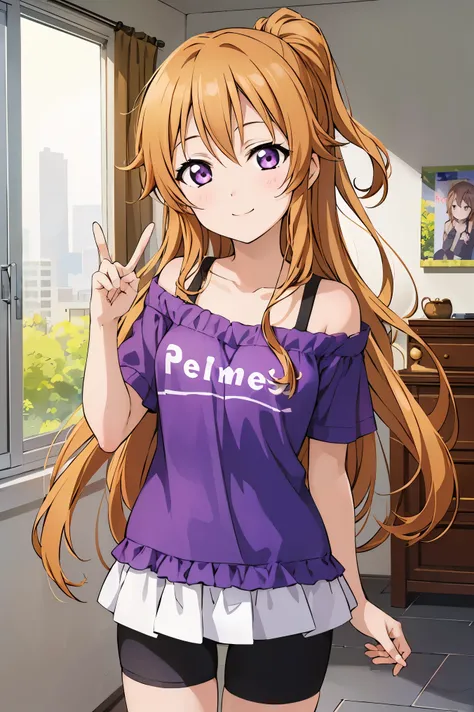 (best quality, masterpiece:1.2), (1girl, solo:1.2), cute, smile, detailed background, (looking at viewer, solo focus:1.2),
Kanata konoe, long hair, straight hair, purple eyes, blonde hair, off shoulder, purple shirt, short sleeves, bike shorts, standing,...