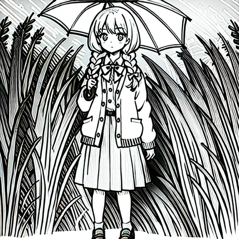 one girl, best quality, lineart, monochrome, satomura akane, long hair, white hair, twin braids, large braids, school uniform, knee length skirt, white socks, school shoes, shirt with a bow, closed cardigan sweater, holding an umbrella, apathic face, full ...