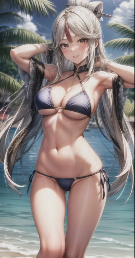 anime, beautiful face, highly detailed face, 2 accurate legs, red detailed eyes, highly detailed beach background, perfect lighting, best body lighting, 1girl, solo, ningguang, genshin impact, outdoors, (beautiful light white hair:1.2), absurdres, high res...