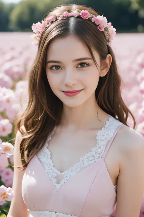 Masterpiece, Best quality, 8k, 18 ans, Photo brute, absurdes, Award-winning portrait, sourire, sourire, pure, french, elegant vibrant pink dress, spring, orchard in bloom, laces, famous singer, cute, sweet, cherry lips